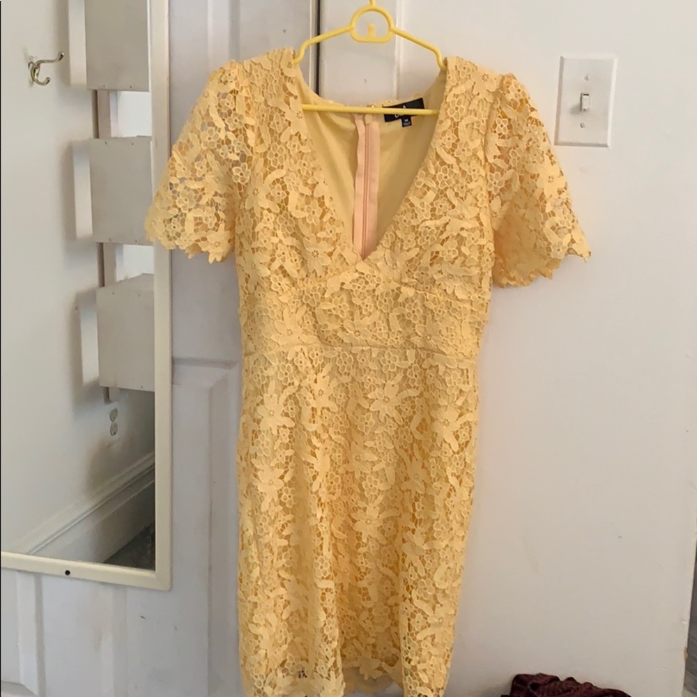 Yellow lace deep v neck dress